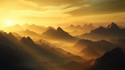 A vast, empty mountain landscape at sunrise, with golden light illuminating misty peaks and rugged terrain, no people or structures in sight