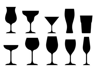Water glass cup icon set. Glassware and Drinkware icons of beer, wine, alcohol, brandy, martini, champagne, milk, Cocktail, glasses royalty, Vector illustration isolated on transparent background.