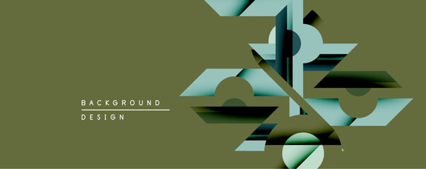 Abstract geometric shapes overlap, creating layered visual effect. Muted teal, olive tones dominate composition. Minimalist design suggests modern aesthetic, background texture.