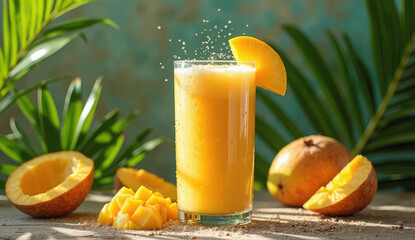 Refreshing Mango and Tropical Fruit Smoothie in a Glass