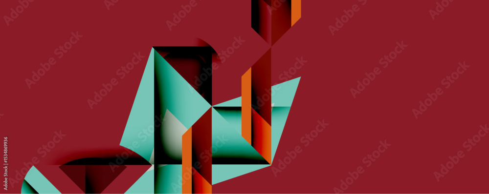 Poster Abstract geometric shapes dominate composition. Teal, orange, black forms intersect against deep red background. Minimalist design evokes modern art, sharp angles, dynamic visual impact.