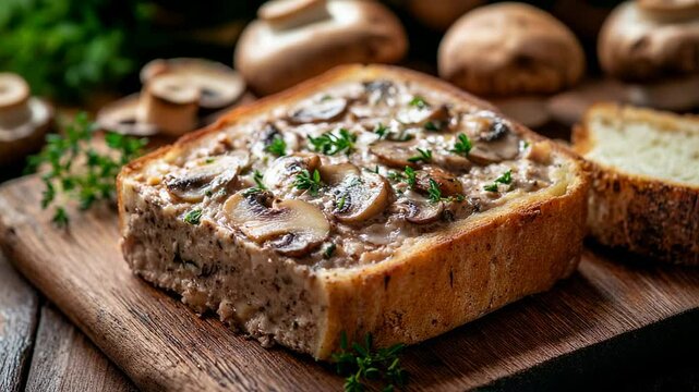 Delicious and savory mushroom toast with fresh herbs on a wooden board close up view