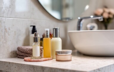 Various skincare products arranged on a bathroom countertop with a mirror and sink in a modern setting