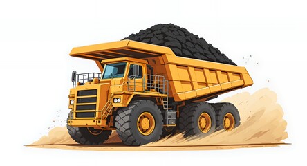 Pixel Art of Bright Yellow Heavy Duty Dump Truck Fully Loaded With Black Material on Beige Ground in White Background