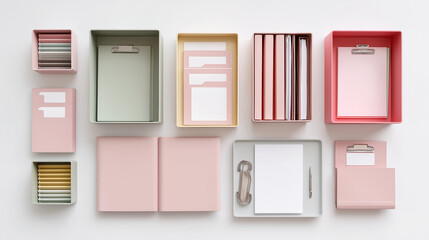 flat lay of labeled folders and containers on pure white background organized and functional layout great for office supplies catalogs or stationery product listings 
