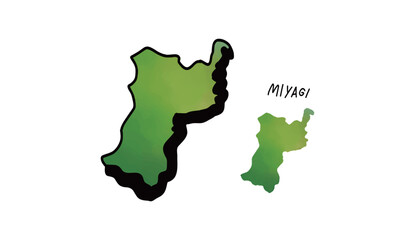緑の水彩で塗られた宮城県の地図の手書きベクターイラスト