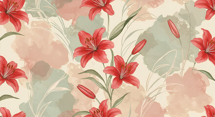 Elegant Red Lily Floral Watercolor Seamless Pattern Design