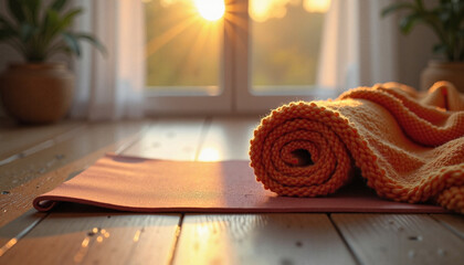 Yoga mat with blanket on top