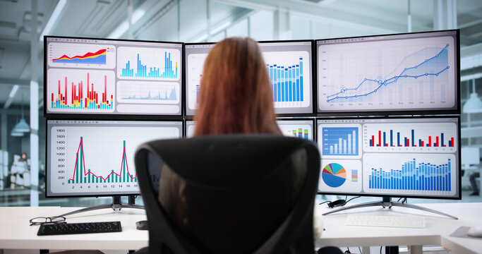 Female Analyst Analyzing Market Data On Computer Dashboard