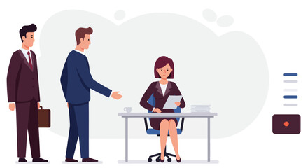 Business Job Interview concept. Vector cartoon illustration of two men in suits shaking hands and a woman with documents at a desk. Isolated on background