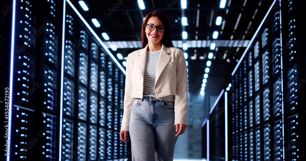Poster Woman Data Engineer Smiling After Setting Up Cloud Server