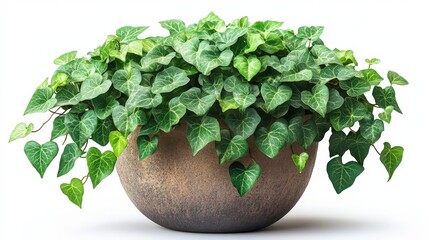 Elegant Ivy Plant in a Round Stone Pot, Isolated on White Background