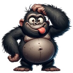 Whimsical cartoon gorilla thoughtfully scratches his head with his paw.