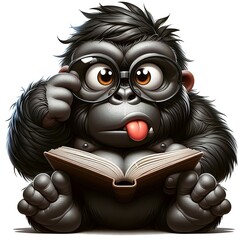 A quirky cartoon gorilla reads a book.