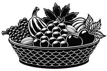 Black and white illustration of a basket full of fruits