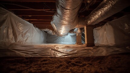 Interior of a basement with protective coverings.