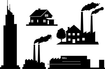 Obraz premium Black and white cityscape silhouette including skyscraper factories house and mall buildings illustration editable stock vector illustration