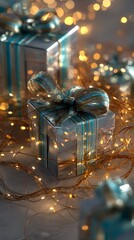 Silver gift boxes with teal ribbons and warm lighting.