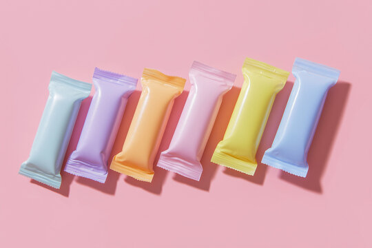 individually wrapped tampons in pastel packaging displayed on bright white background gentle and discreet design ideal for feminine hygiene ads or subscription box marketing 