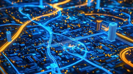 Futuristic city aerial view with glowing roads