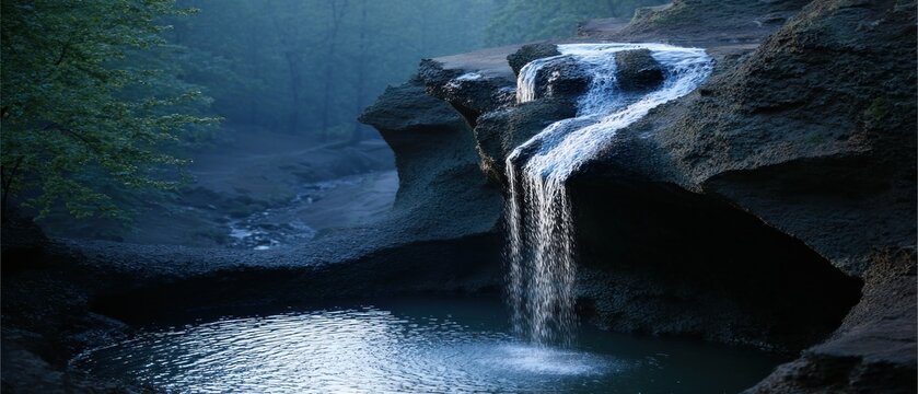 Misty waterfall cascading over dark rocks