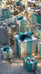Many gift boxes with teal and silver ribbons and lights.