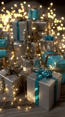 Gift boxes with teal ribbons and fairy lights.