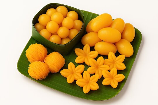 Thai mungkorn desserts set on banana leaf, traditional thai dessert isolate featuring thong yod, med khanun, foi thong and thong yip in minimalist white background