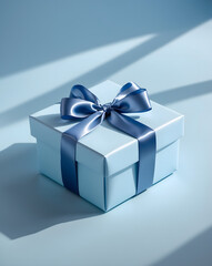 Luxury box tied with a blue ribbon in blue background. AI Generative. 