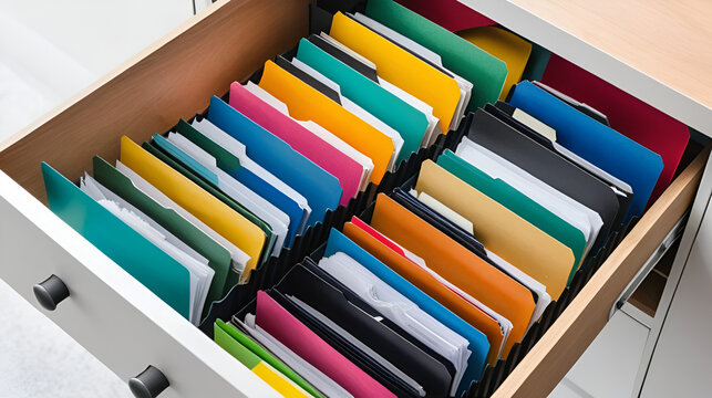A drawer filled with various colorful folders, perfect for organizing and categorizing documents or ideas