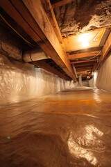 Interior view of a basement with protective plastic sheeting.