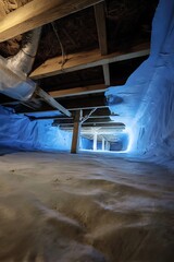 Interior view of a basement crawlspace with insulation.