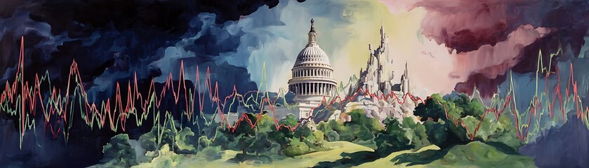 Capitol building amidst turbulent economic trends.