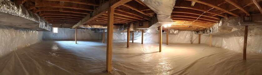 Interior view of a finished basement with insulation.