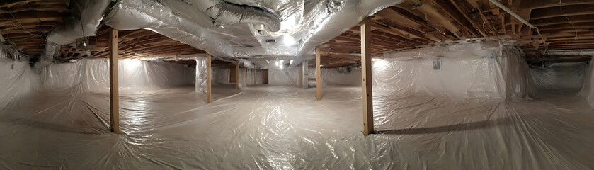 Interior of a basement with plastic sheeting.