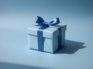 Luxury box tied with a blue ribbon in blue background. AI Generative. 