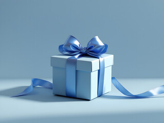 Luxury box tied with a blue ribbon in blue background. AI Generative. 