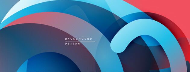 Abstract flowing shapes, vibrant blues, reds create dynamic background. Smooth gradients suggest movement, depth. Modern design element.