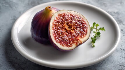 Fresh figs on a white plate with a sprig of herbs, showcasing vibrant interior and exterior textures.