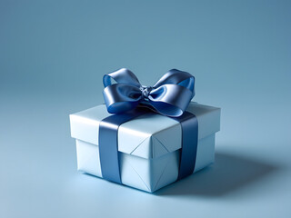 Luxury box tied with a blue ribbon in blue background. AI Generative. 