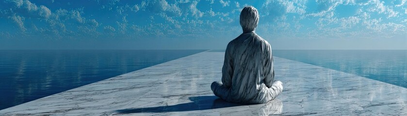 Fototapeta premium Peaceful mindset with rest, balance and self journey concept. A serene figure meditating on a tranquil, endless pathway.