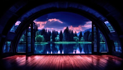 Fototapeta premium Interior view, arched windows, serene lake