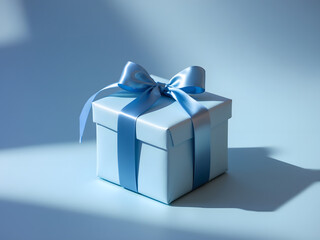 Luxury box tied with a blue ribbon in blue background. AI Generative. 