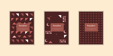 Ramadan Kareem poster, holiday cover set. Islamic greeting card, banner template. Arabic text mean Ramadan Kareem. Modern design with geometric pattern