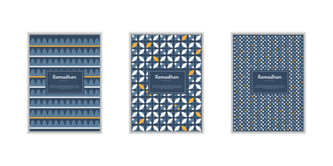 Ramadan Kareem poster, holiday cover set. Islamic greeting card, banner template. Arabic text mean Ramadan Kareem. Modern design with geometric pattern