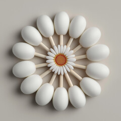 Minimalist flat lay of white cotton swabs neatly arranged in a circle on clean white background, simple and hygienic design for healthcare and beauty product display