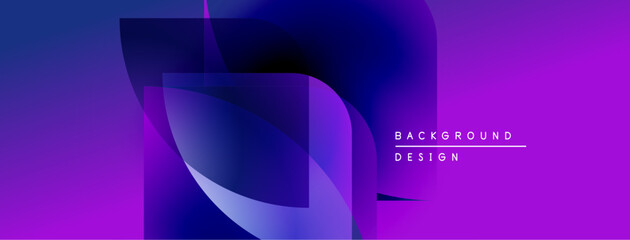 Abstract geometric shapes blend purple, blue hues. Modern design features layered forms, gradient effects. Text reads background design.