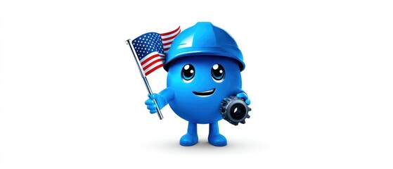 Obraz premium Cartoon blue character holding American flag and gear