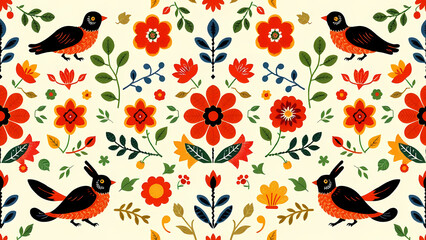 Fototapeta premium Mexican Otomi Embroidery, Whimsical Floral and Avian Pattern with Symmetrical Arrangement and Bold Colors.