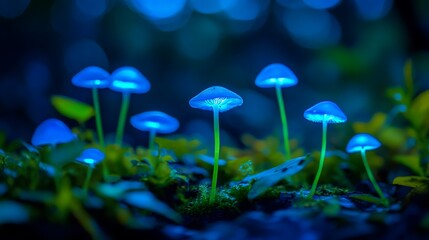 Fototapeta premium Glowing Mushrooms in Dark Forest Night Scene
